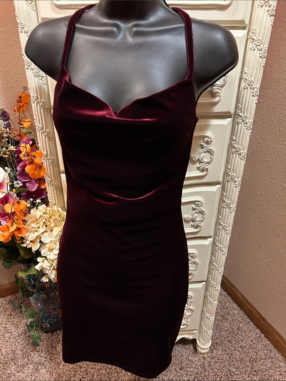 Velvet Cowl Neck Bodycon Homecoming Dress — Burgundy